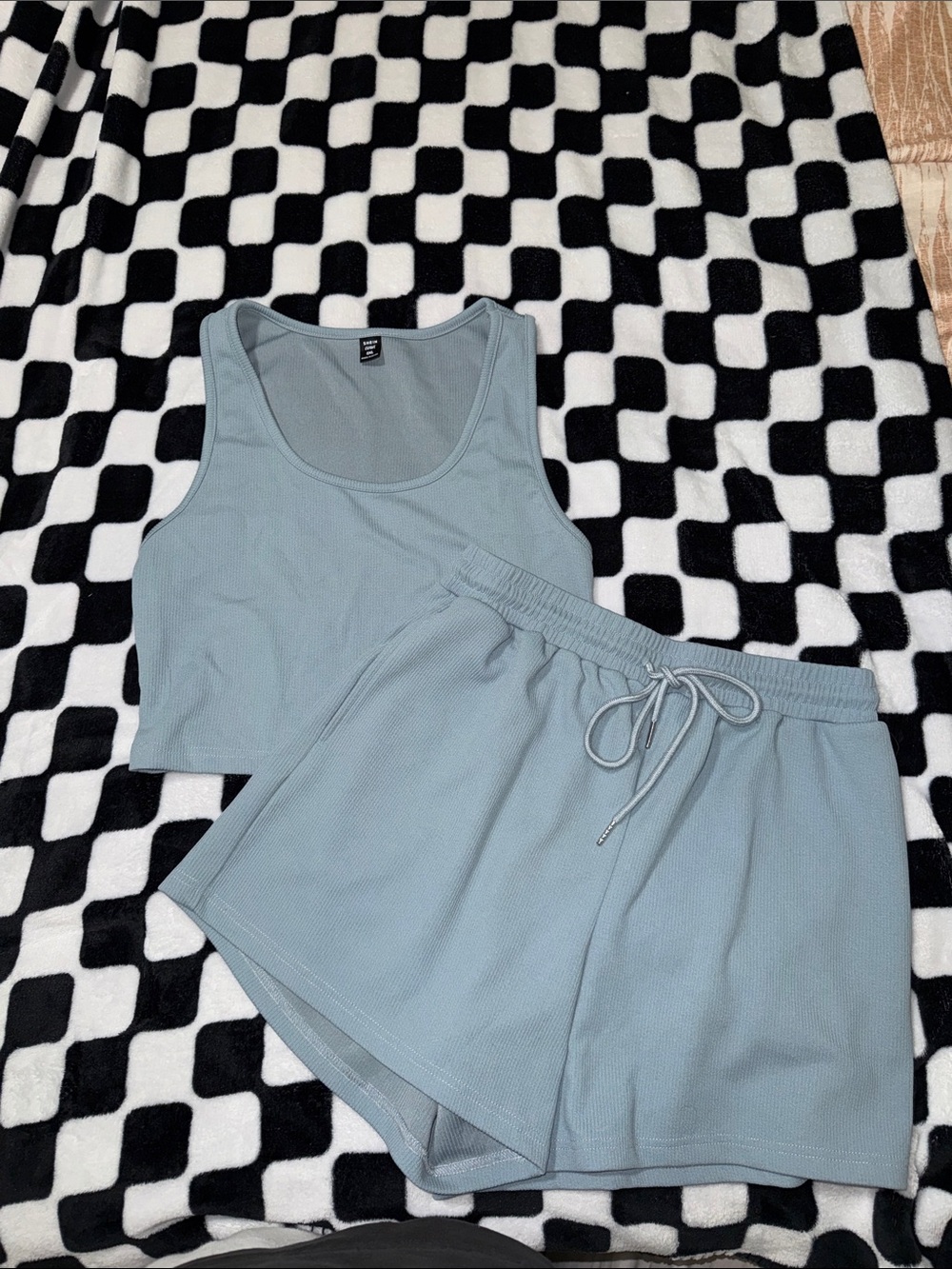 SHEIN Light Blue Ribbed Tank & Drawstring Shorts Sleep Set